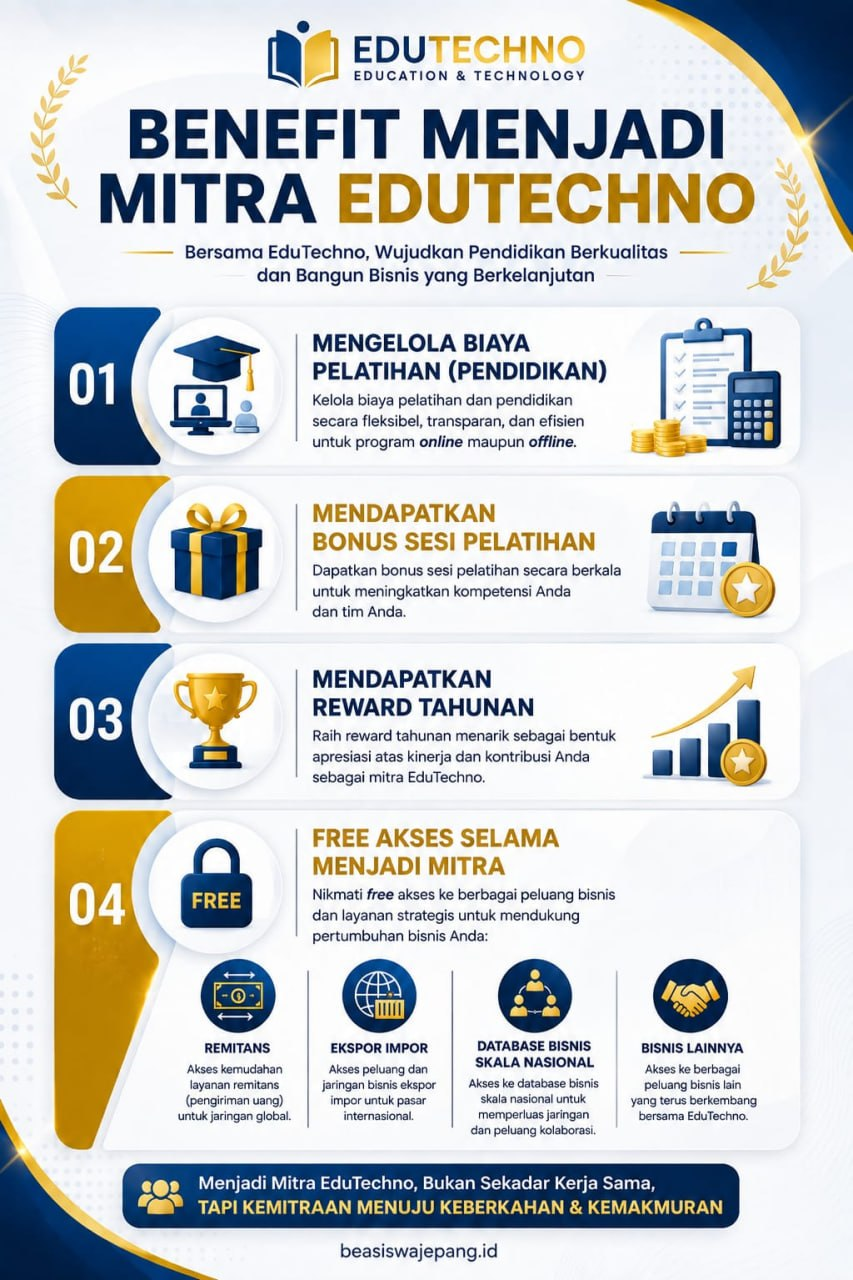 Infografik benefit Mitra Edutechno: mengelola biaya pelatihan, mendapatkan bonus sesi pelatihan, mendapatkan reward tahunan, dan akses gratis selama menjadi mitra